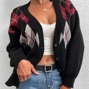 Argyle knit cardigan shein
